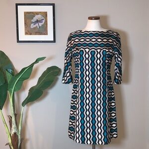 Milly of New York Pascale Sleeve Teal 100% Silk Dress, Teal/Black/White, Size 4